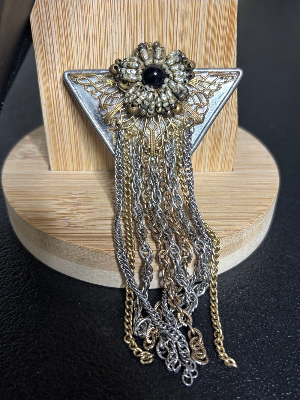Vintage Signed Mixed Metal Silver & Gold Fringe Brooch Black Cabochon
